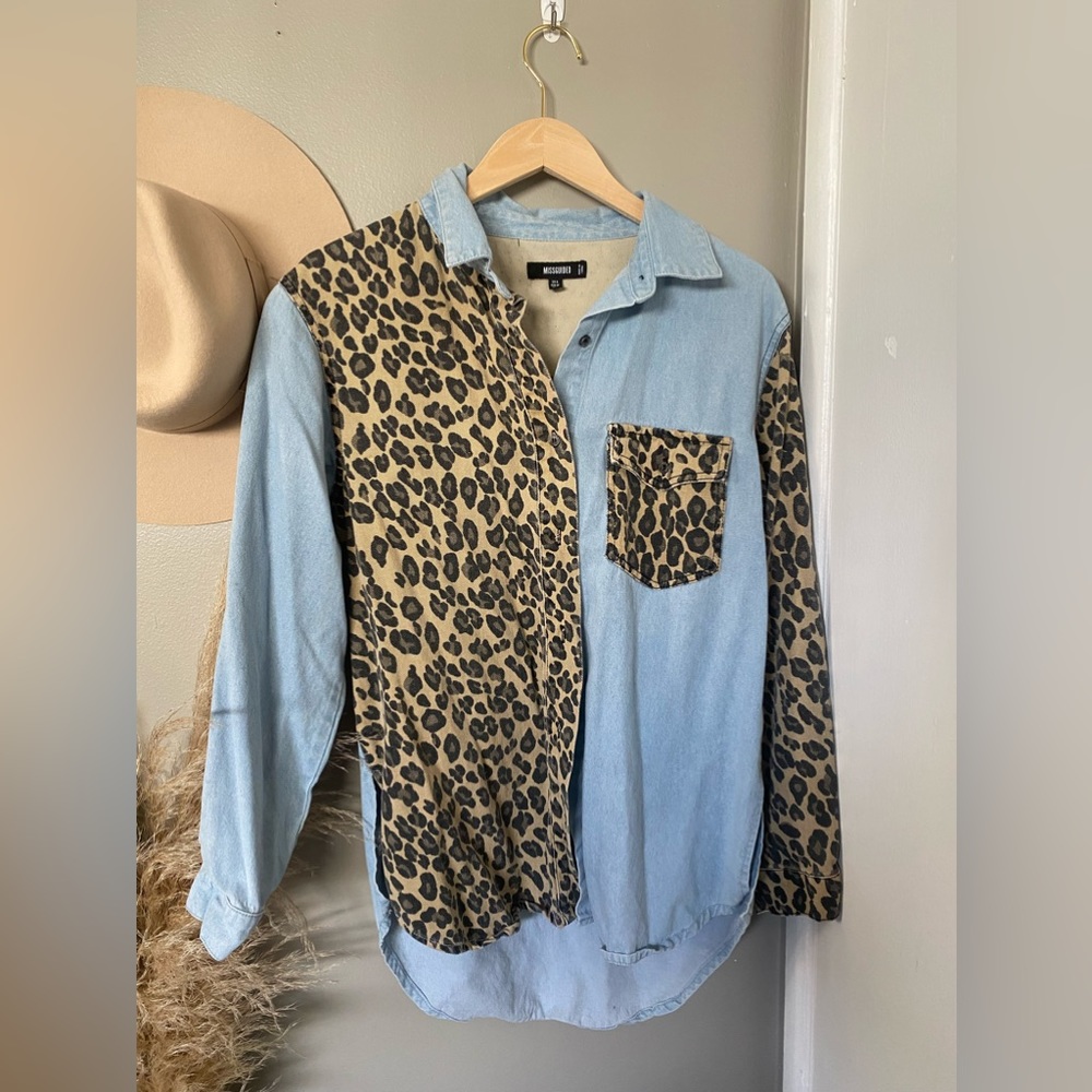 Missguided oversized button down leopard colorblock denim shirt